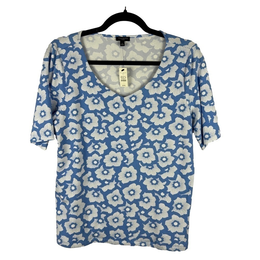 Talbots Floral Lyocell Short Sleeve Top Large Petite Blue NWT